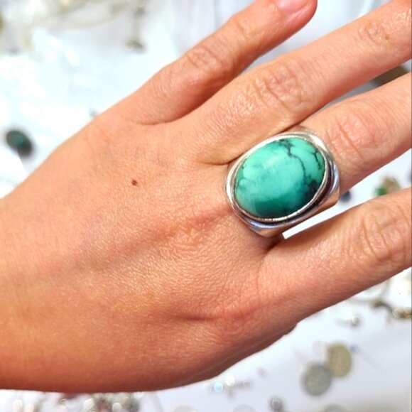 Vintage Boho Sterling Silver Chunky Western Turquoise Large Cabochon Ring 8 - Picture 3 of 11